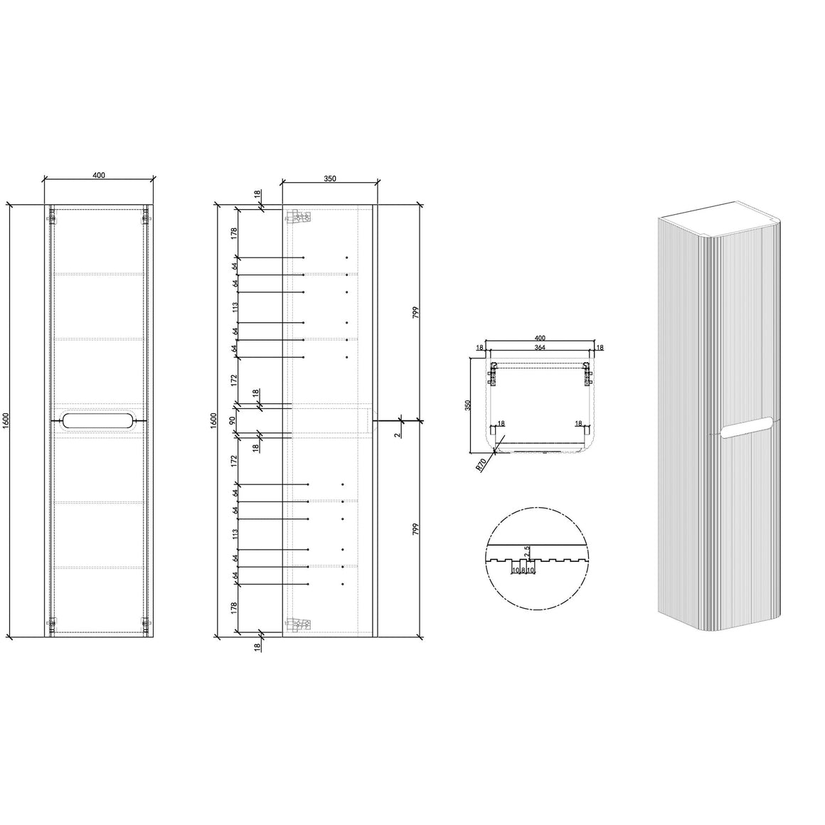 Wiesbaden Sulora kolomkast afgeronde hoeken geribbeld 160 x 40 x 35 cm licht eiken - technische tekening