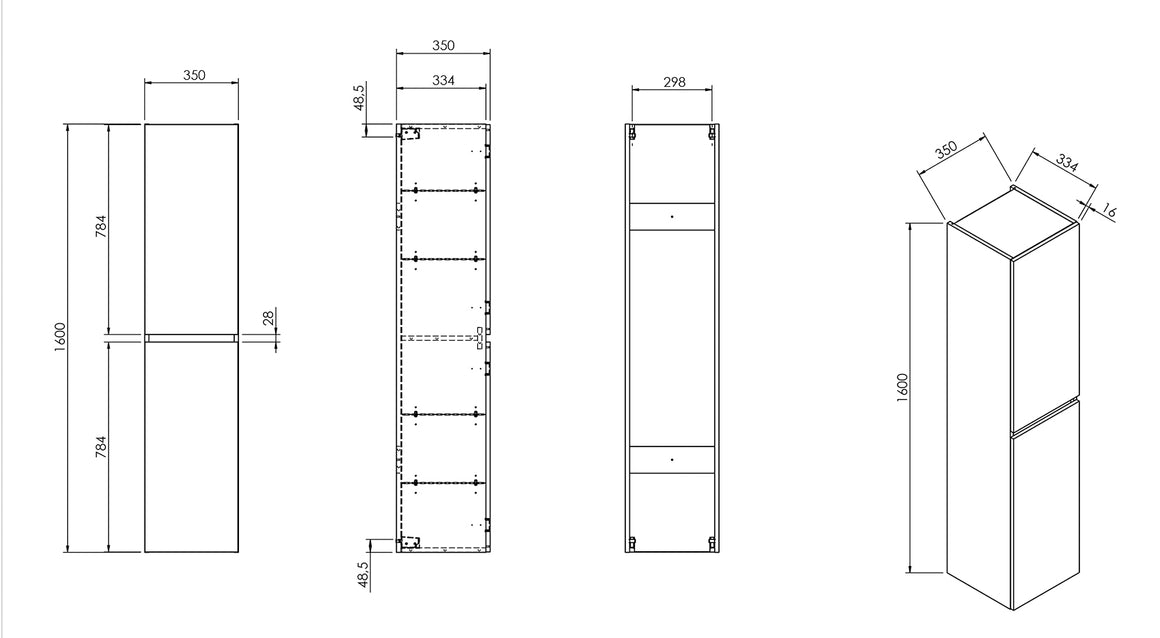 Wiesbaden Alvara kolomkast 160x35x35 cm mat zwart 38.3616 - technische tekening