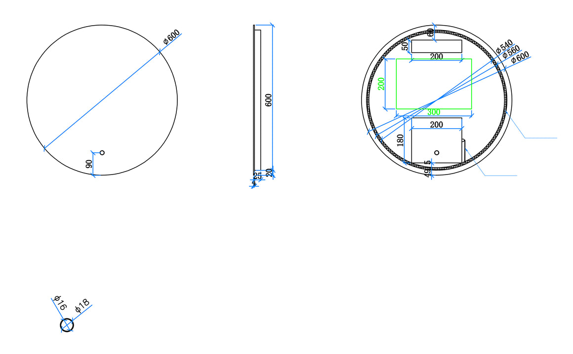 Xellanz Giro spiegel rond met LED en spiegelverwarming 60 cm - technische tekening