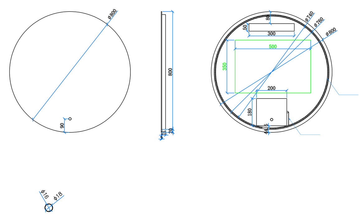 Xellanz Giro spiegel rond met LED en spiegelverwarming 80 cm - technische tekening
