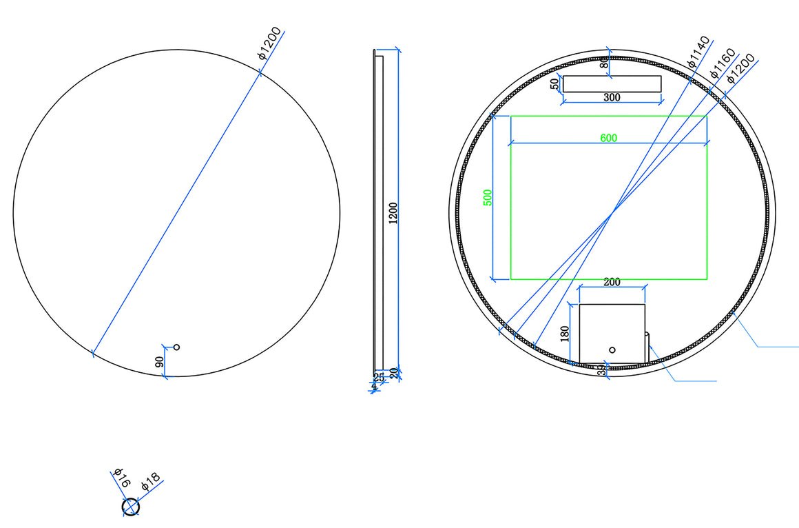 Xellanz Giro spiegel rond met LED en spiegelverwarming 120 cm - technische tekening