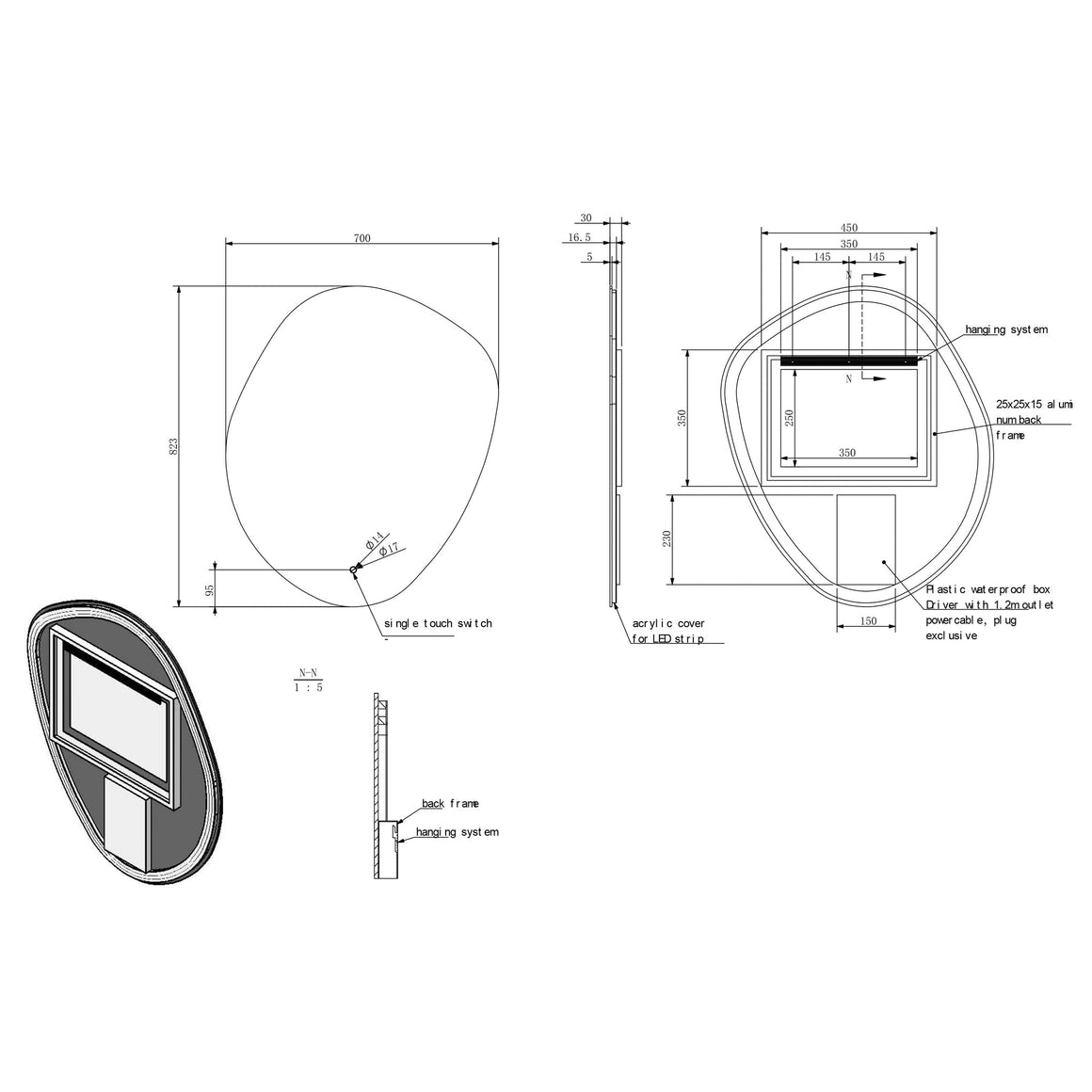 Wiesbaden Ellva spiegel met LED en spiegelverwarming 70 x 80 cm - technische tekening