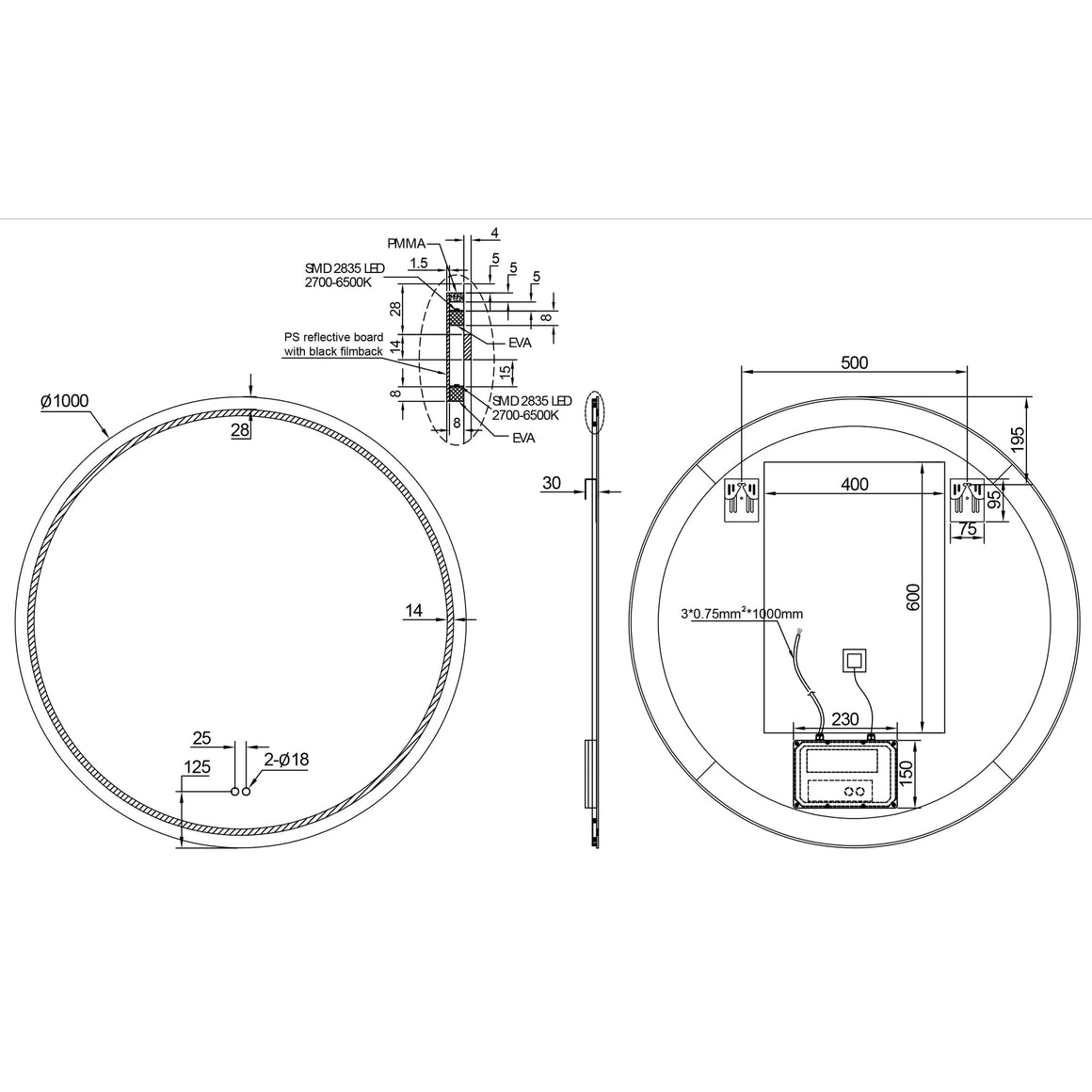 Technische tekening Lumora spiegel 100 cm