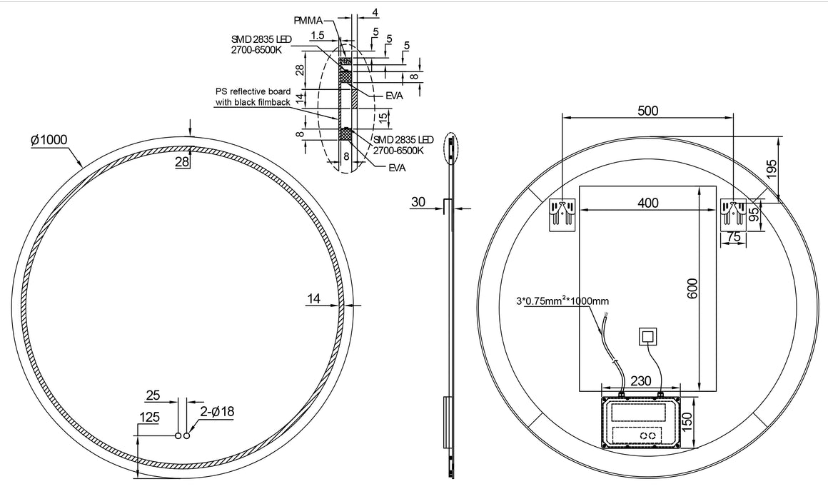 Technische tekening Lumora spiegel 100 cm
