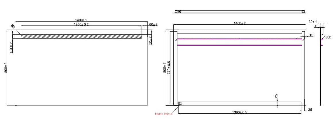 Wiesbaden Tigris spiegel rechthoek met LED 140 cm - technische tekening