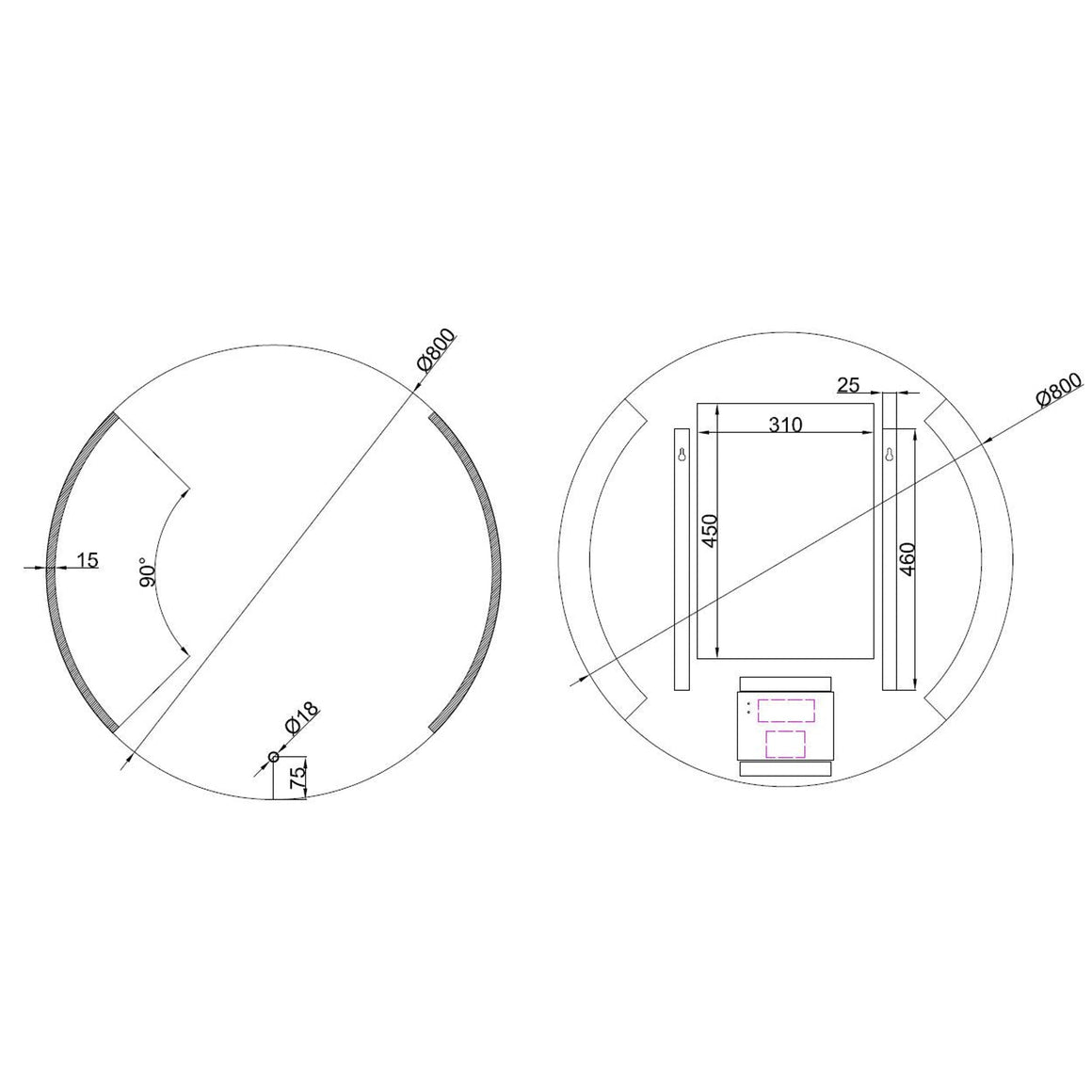 Wiesbaden Round spiegel rond met LED en spiegelverwarming 80 cm - technische tekening