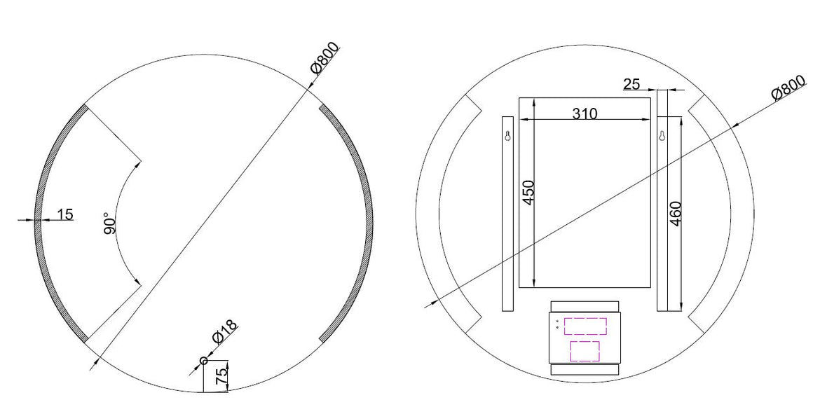 Wiesbaden Round spiegel rond met LED en spiegelverwarming 80 cm - technische tekening