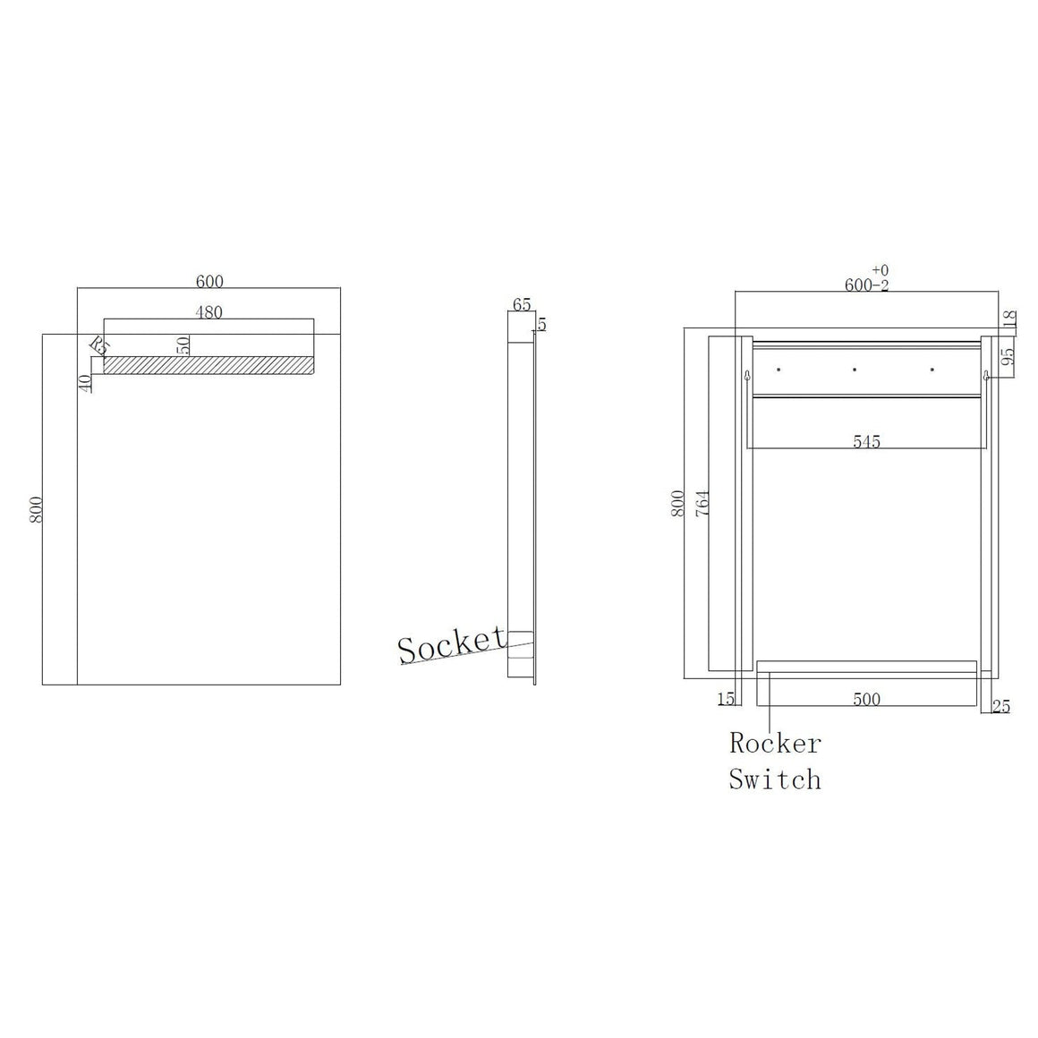 Wiesbaden Tigris spiegel rechthoek met LED en stopcontact 60 cm - technische tekening
