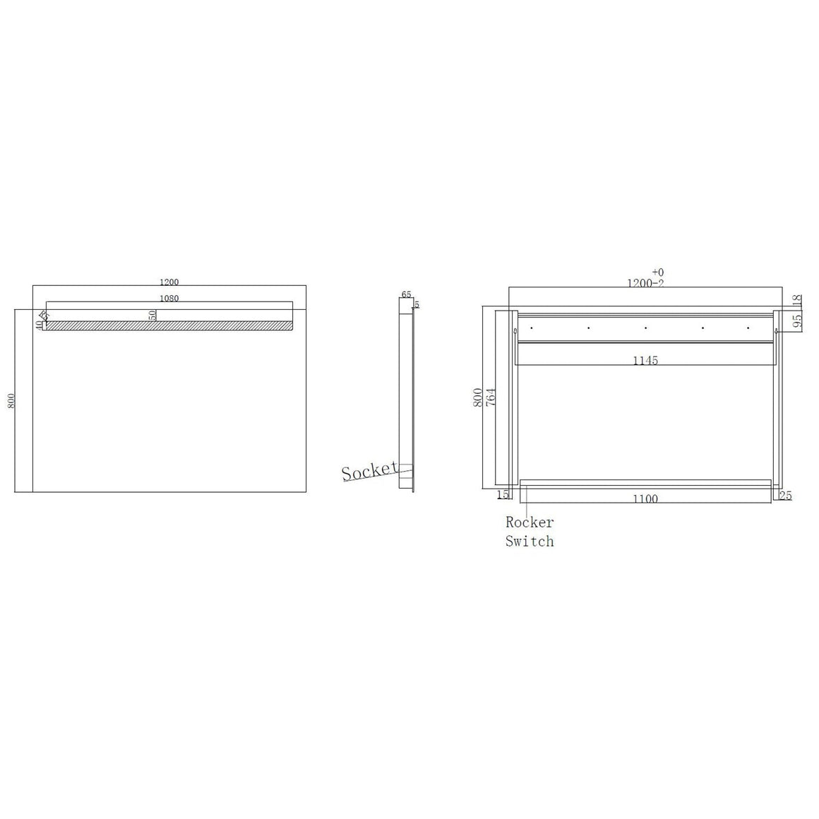 Wiesbaden Tigris spiegel rechthoek met LED en stopcontact 120 cm - technische tekening