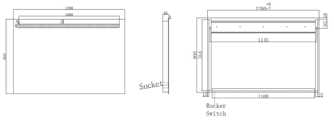 Wiesbaden Tigris spiegel rechthoek met LED en stopcontact 120 cm - technische tekening