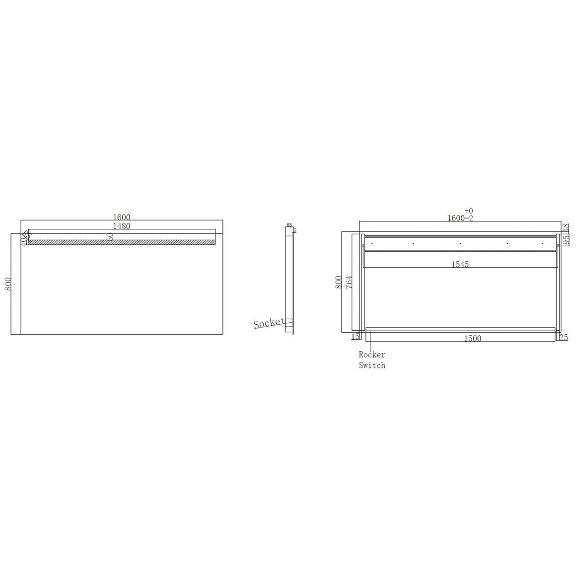 Wiesbaden Tigris spiegel rechthoek met LED en stopcontact 160 cm - technische tekening