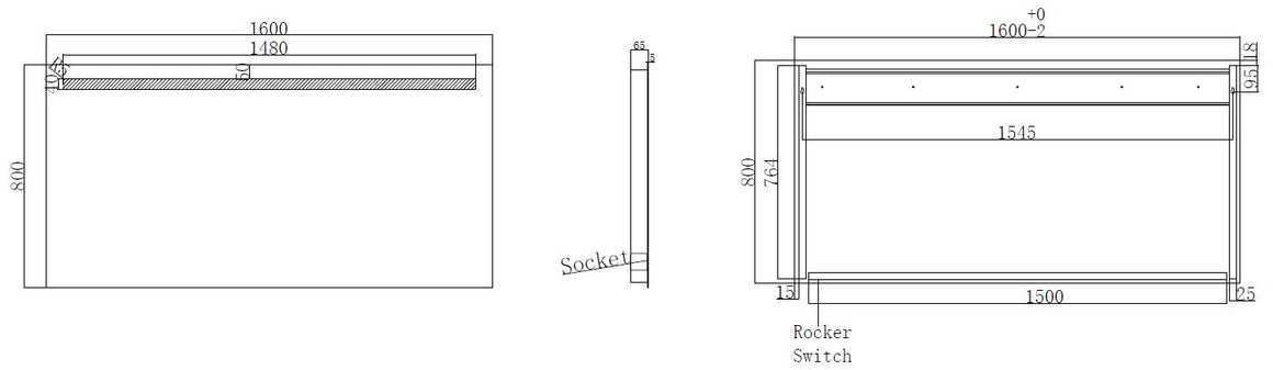 Wiesbaden Tigris spiegel rechthoek met LED en stopcontact 160 cm - technische tekening