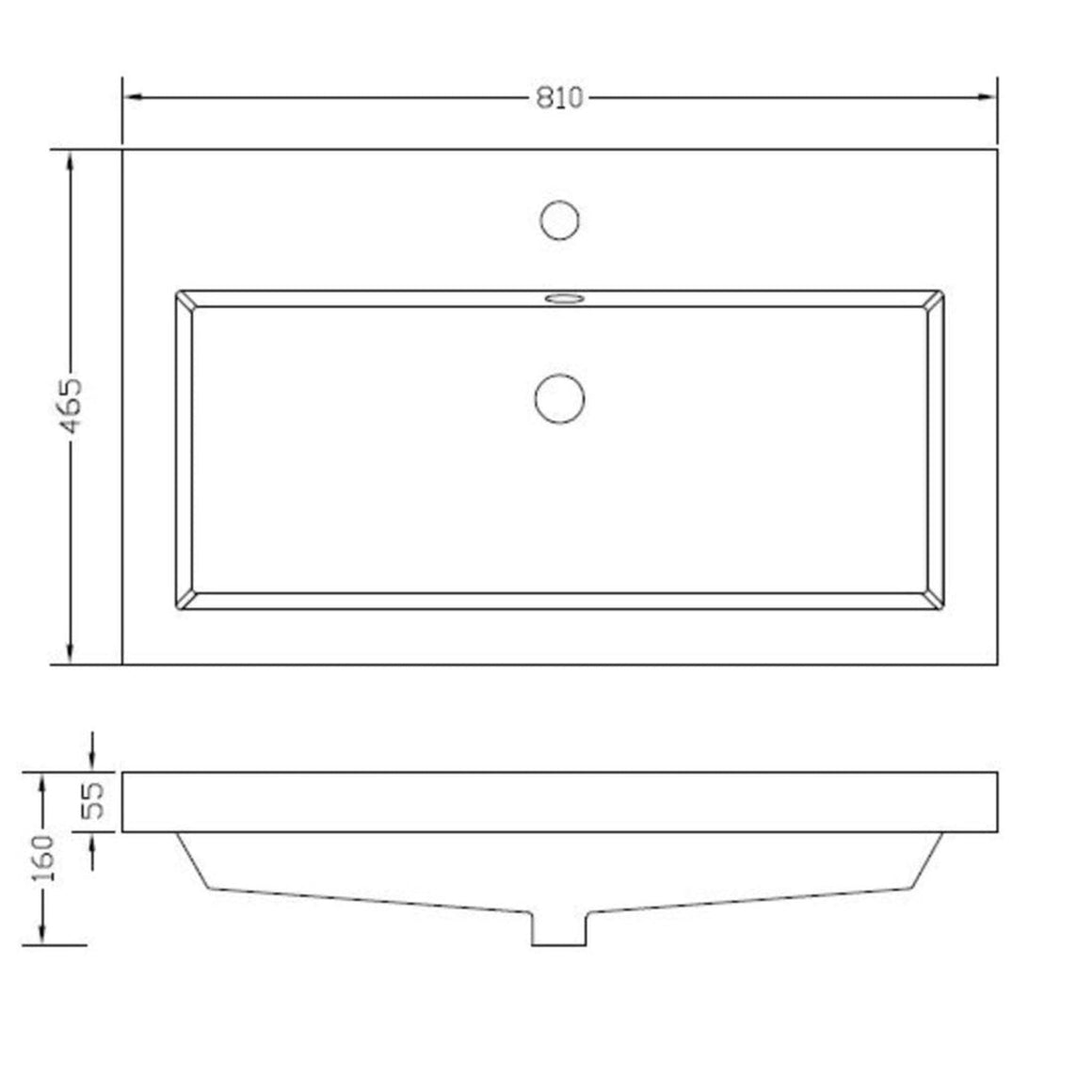 Wiesbaden Vision wastafel enkel met 1 kraangat kunstmarmer 80 cm - technische tekening