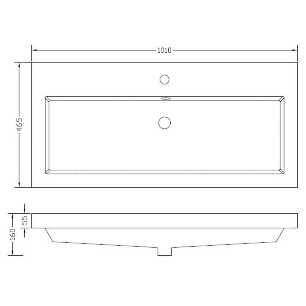 Wiesbaden Vision wastafel enkel met 1 kraangat kunstmarmer 100 cm - technische tekening