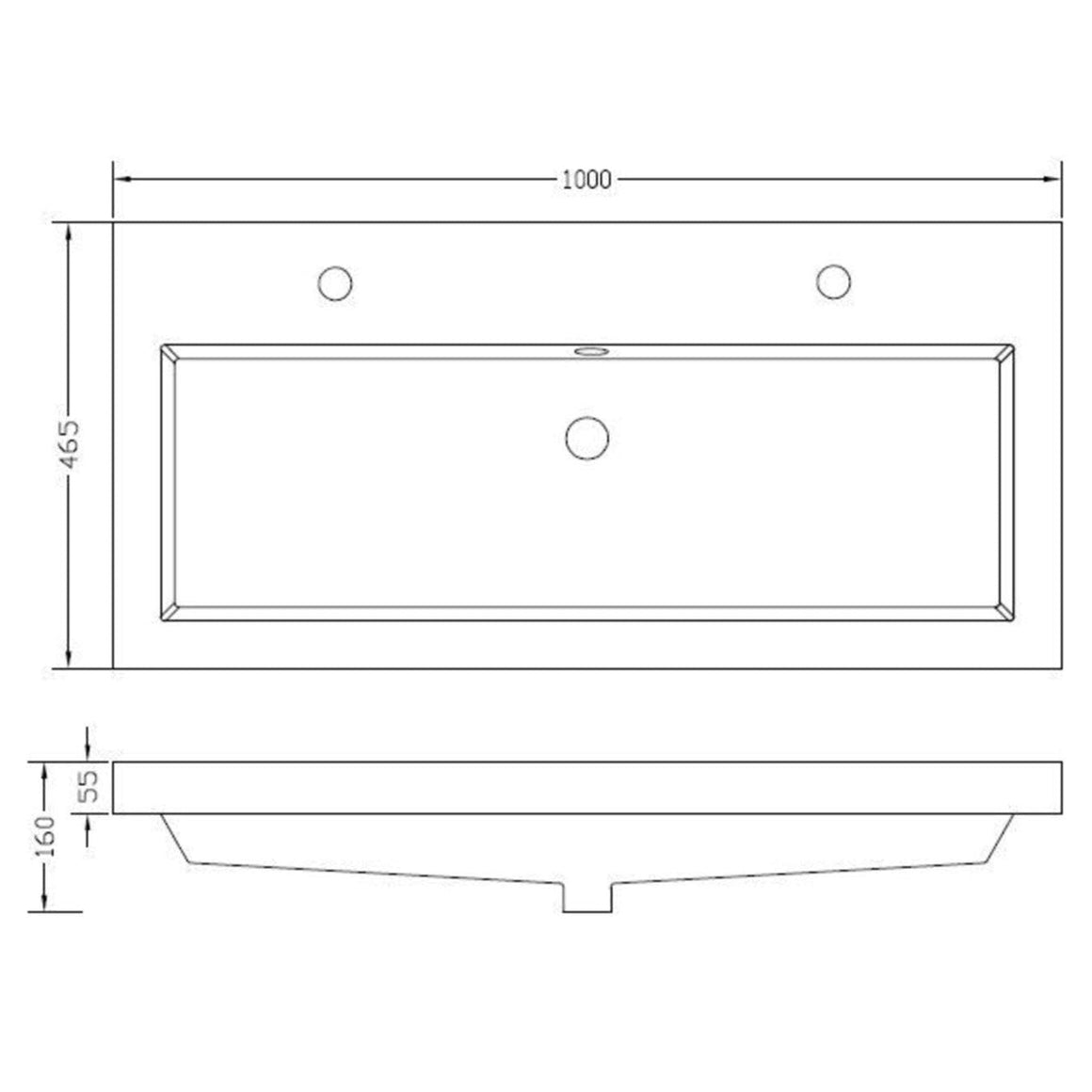 Wiesbaden Vision wastafel enkel met 2 kraangaten - technische tekening