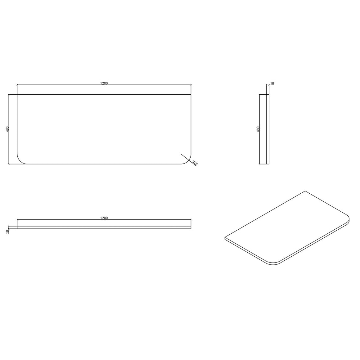 Wiesbaden Sulora topblad afgeronde hoeken bruin 120 cm - technische tekening