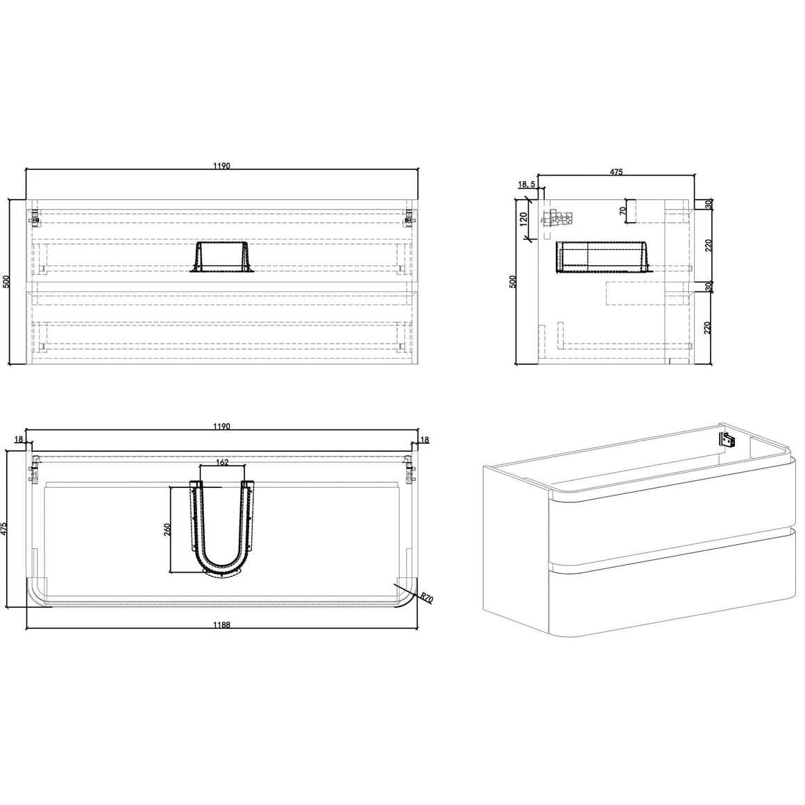 Wiesbaden Novira onderkast met 2 laden en 1 uitsparing 120 cm / Mat wit - technische tekening