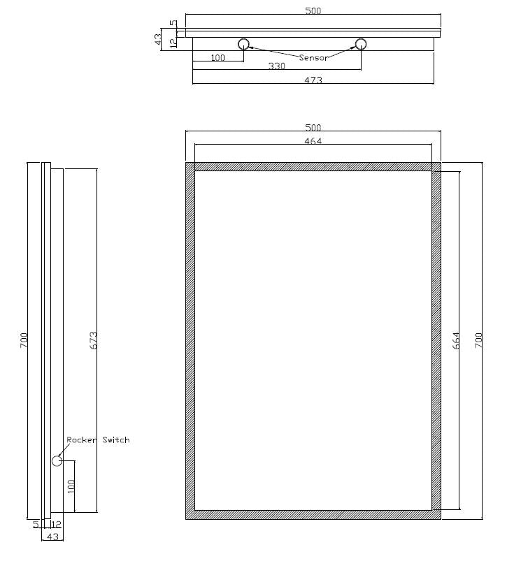 Wiesbaden Quatro spiegel rechthoek met LED en spiegelverwarming 70 x 50 cm - technische tekening