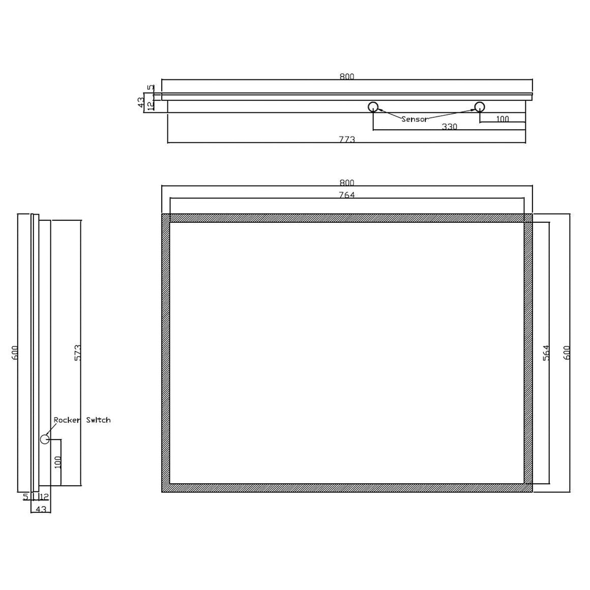 Wiesbaden Quatro spiegel rechthoek met LED en spiegelverwarming 80 x 60 cm - technische tekening