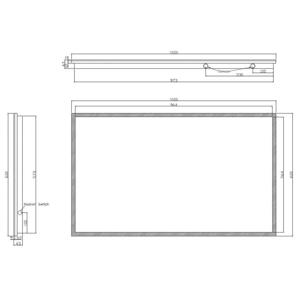 Wiesbaden Quatro spiegel rechthoek met LED en spiegelverwarming 100 x 60 cm - technische tekening