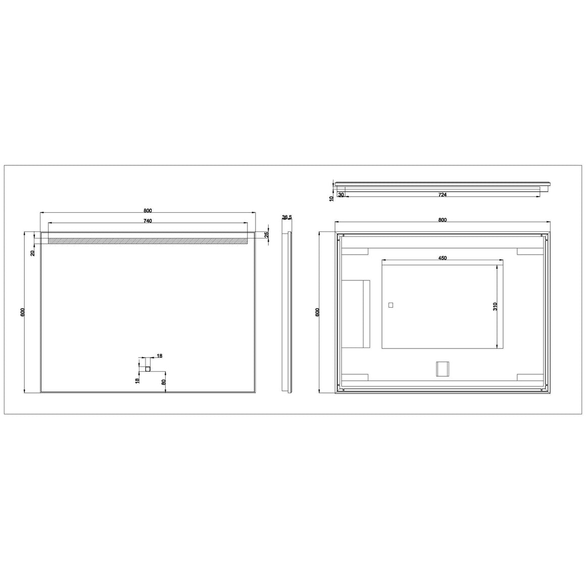 Wiesbaden Ambi One spiegel rechthoek 80 cm - technische tekening