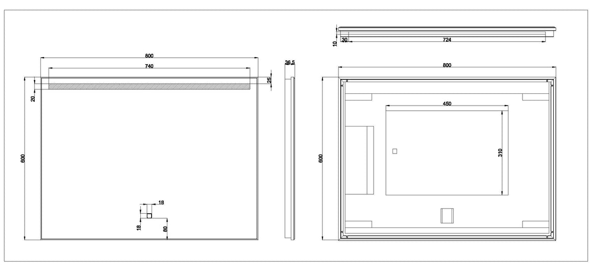 Wiesbaden Ambi One spiegel rechthoek 80 cm - technische tekening