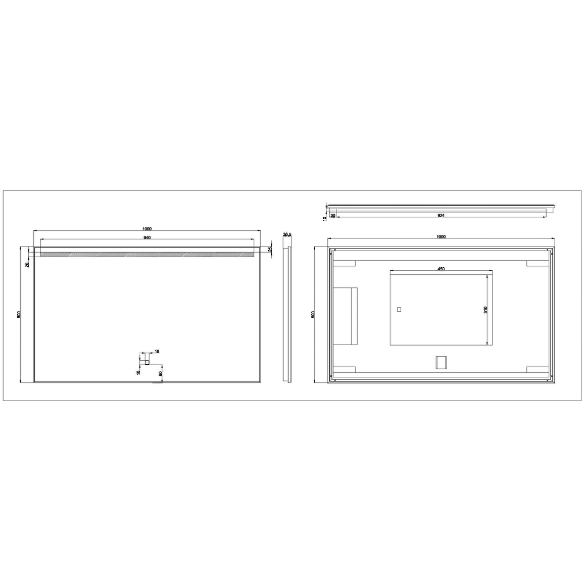 Wiesbaden Ambi One spiegel rechthoek 100 cm - technische tekening