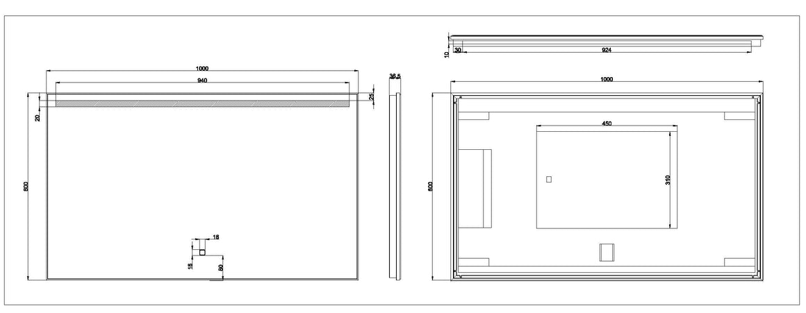 Wiesbaden Ambi One spiegel rechthoek 100 cm - technische tekening