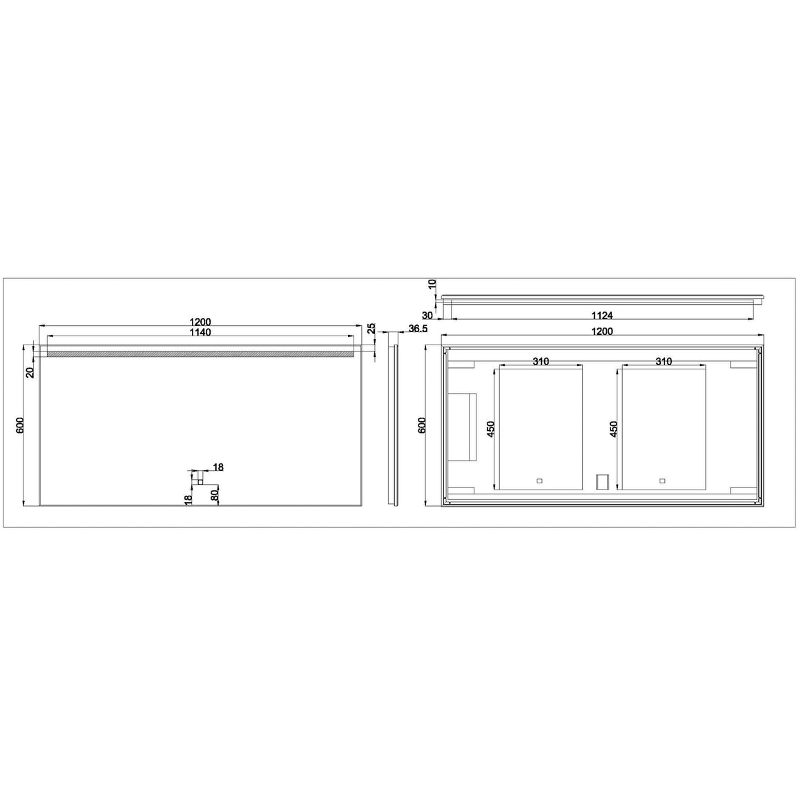 Wiesbaden Ambi One spiegel rechthoek 120 cm - technische tekening