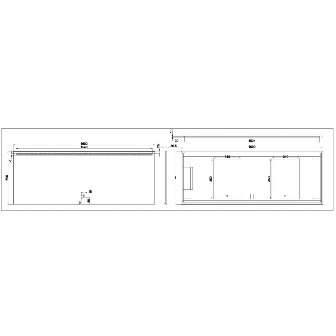 Wiesbaden Ambi One spiegel rechthoek 160 cm - technische tekening