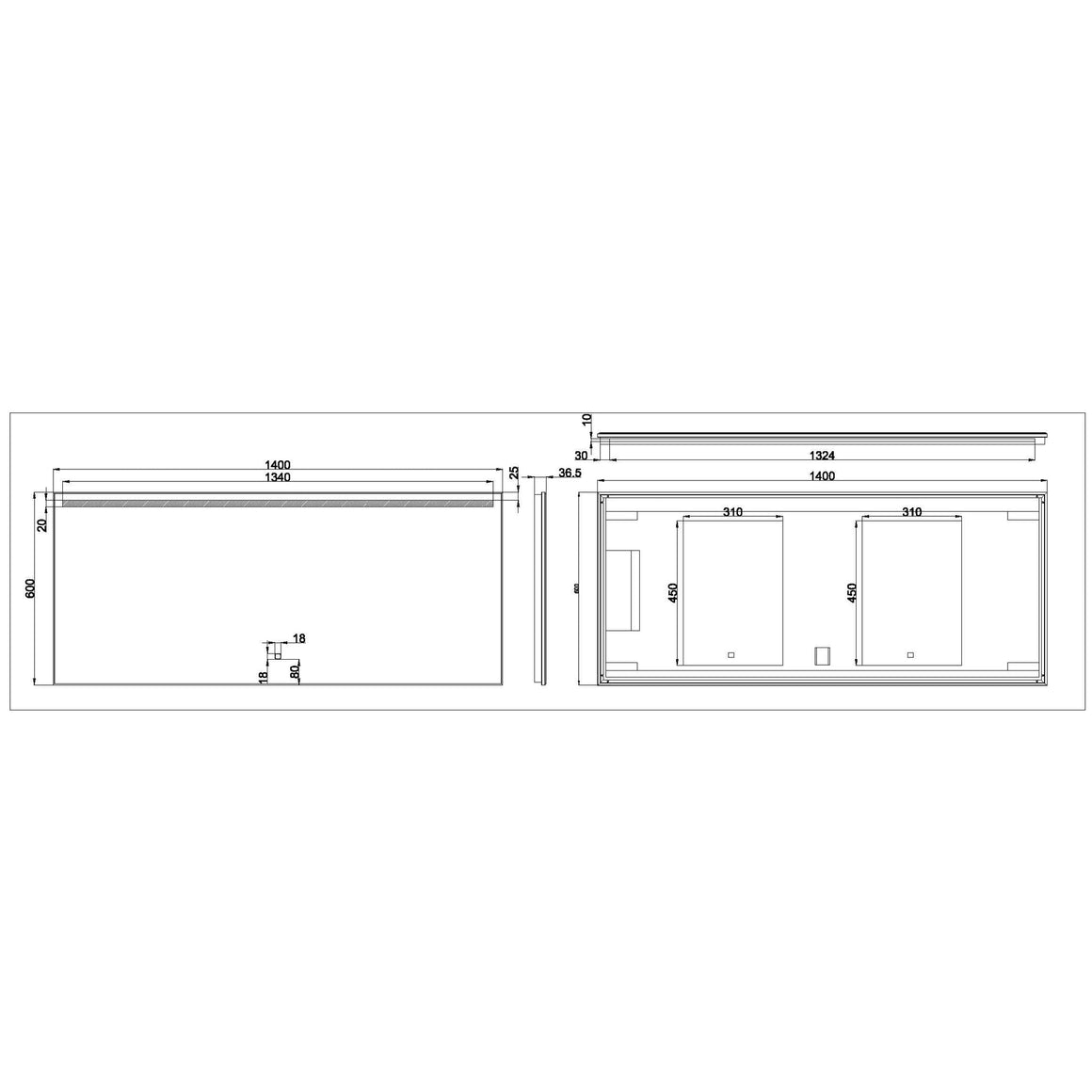 Wiesbaden Ambi One spiegel rechthoek 140 cm - technische tekening