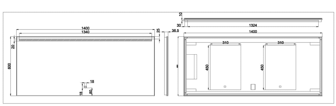 Wiesbaden Ambi One spiegel rechthoek 140 cm - technische tekening