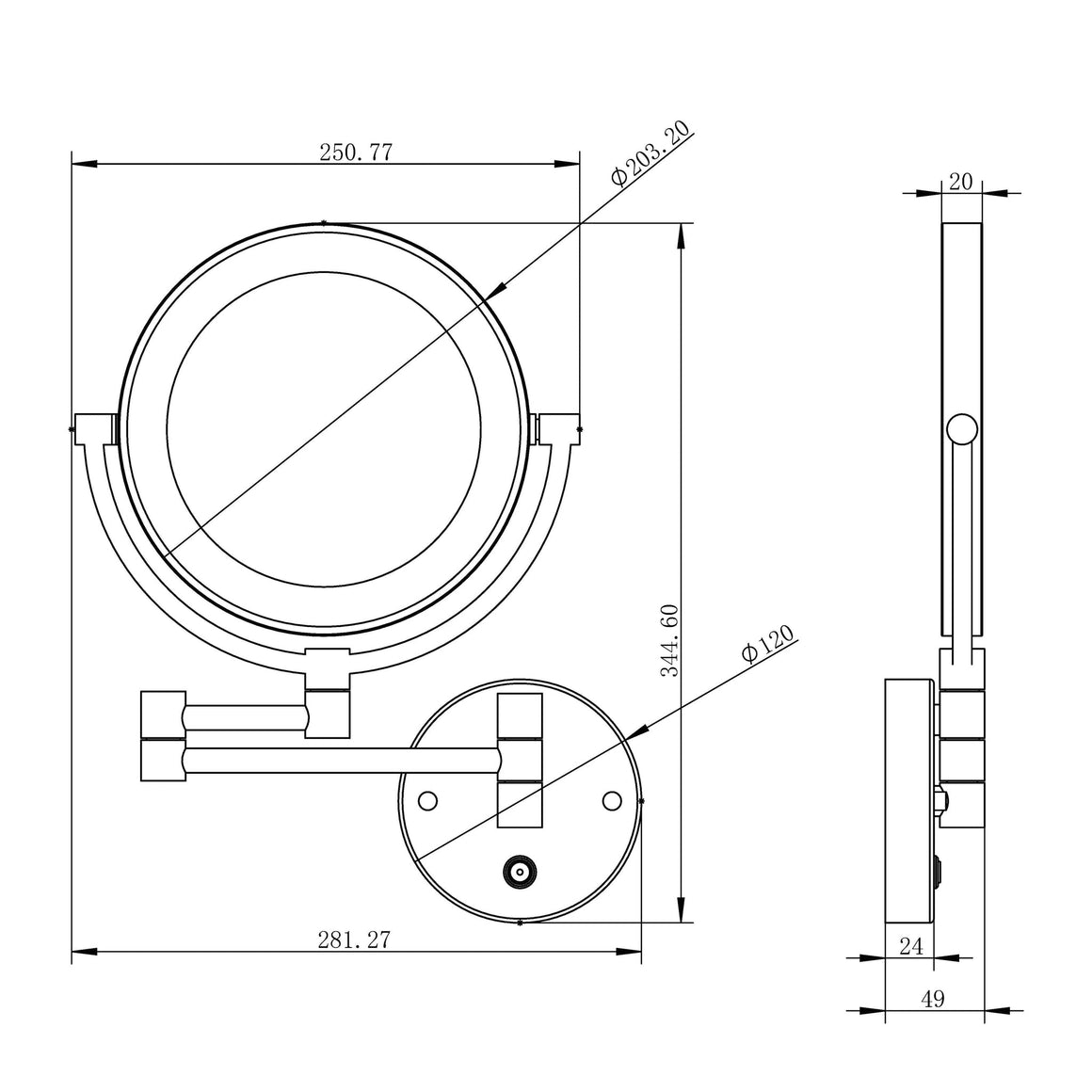 Wiesbaden Wandscheerspiegel LED mat zwart - technische tekening