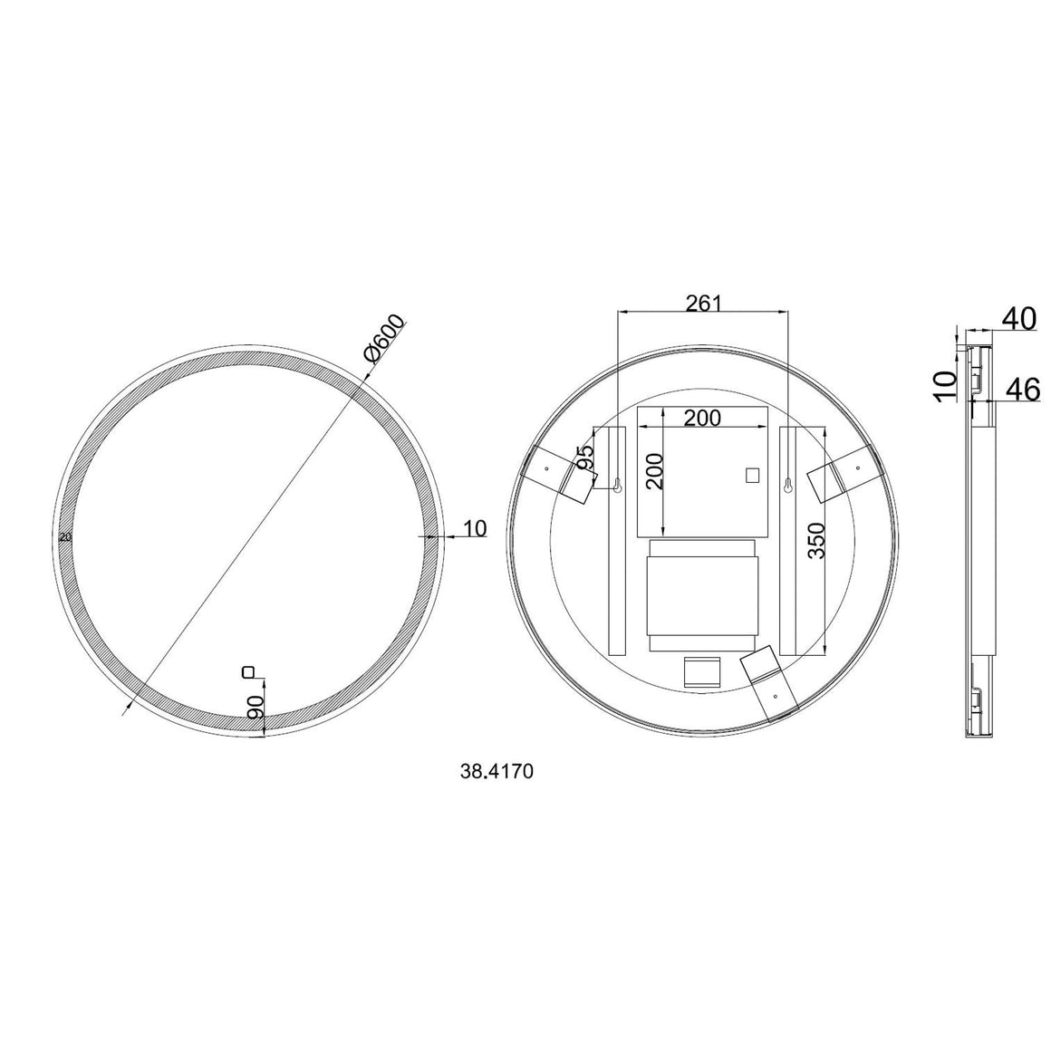 Wiesbaden Maro spiegel rond met LED, dimbaar en spiegelverwarming 60 cm - technische tekening