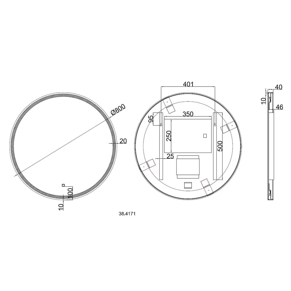 Wiesbaden Maro spiegel rond met LED, dimbaar en spiegelverwarming 80 cm - technische tekening