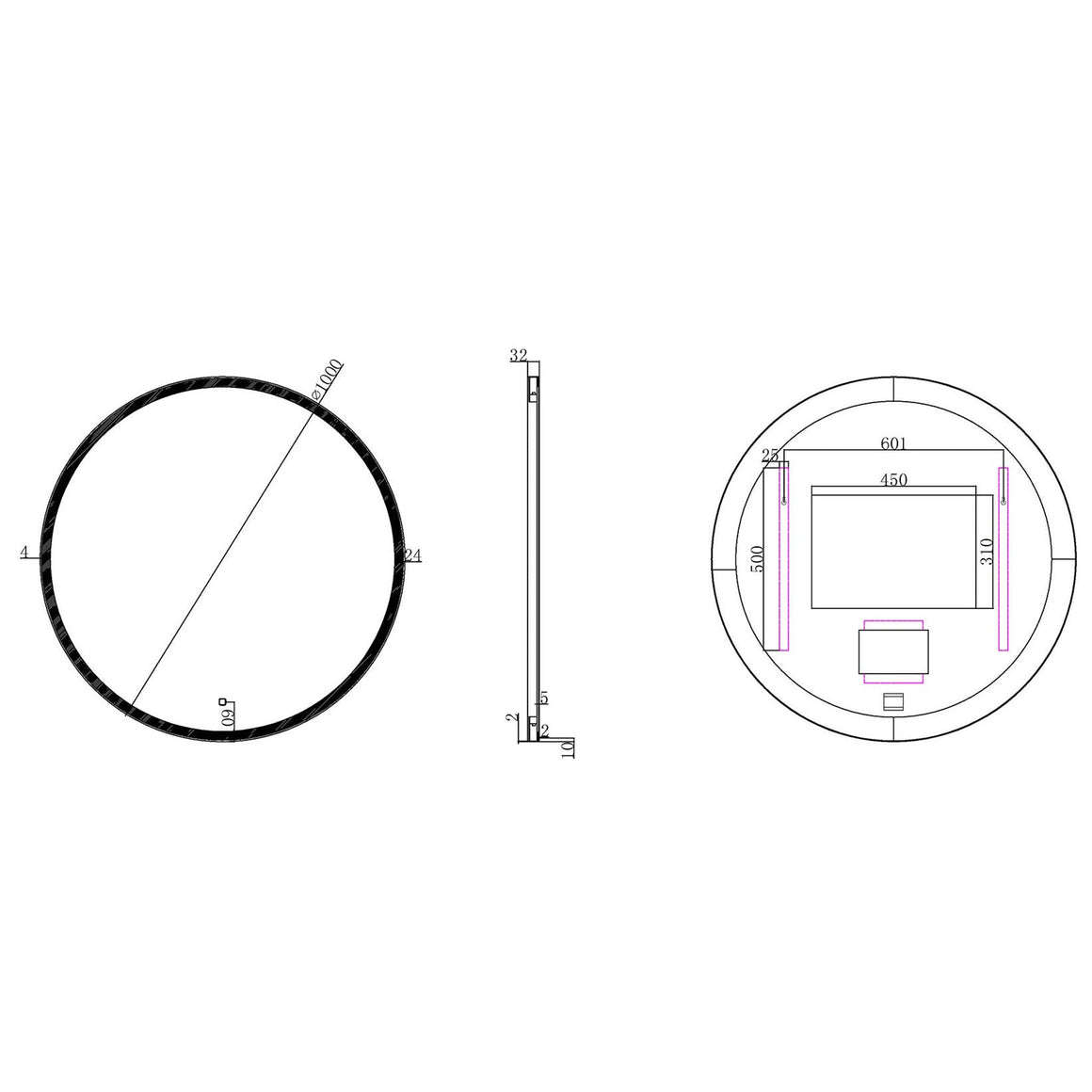 Wiesbaden Maro spiegel rond met LED, dimbaar en spiegelverwarming 100 cm - technische tekening