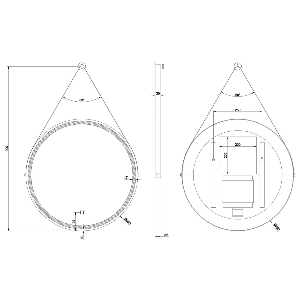 Wiesbaden Cinto spiegel met LED en verwarming 60 cm - technische tekening