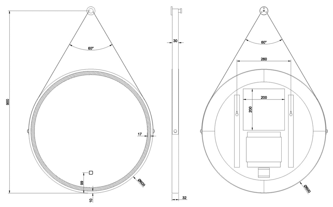 Wiesbaden Cinto spiegel met LED en verwarming 60 cm - technische tekening