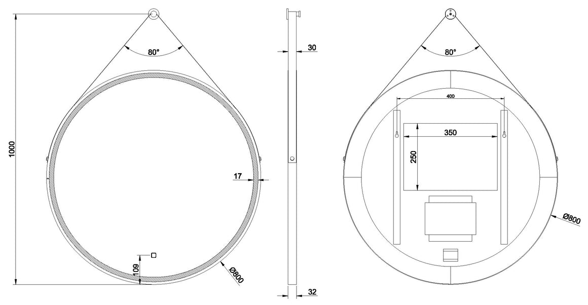 Wiesbaden Cinto spiegel met LED en verwarming 80 cm - technische tekening