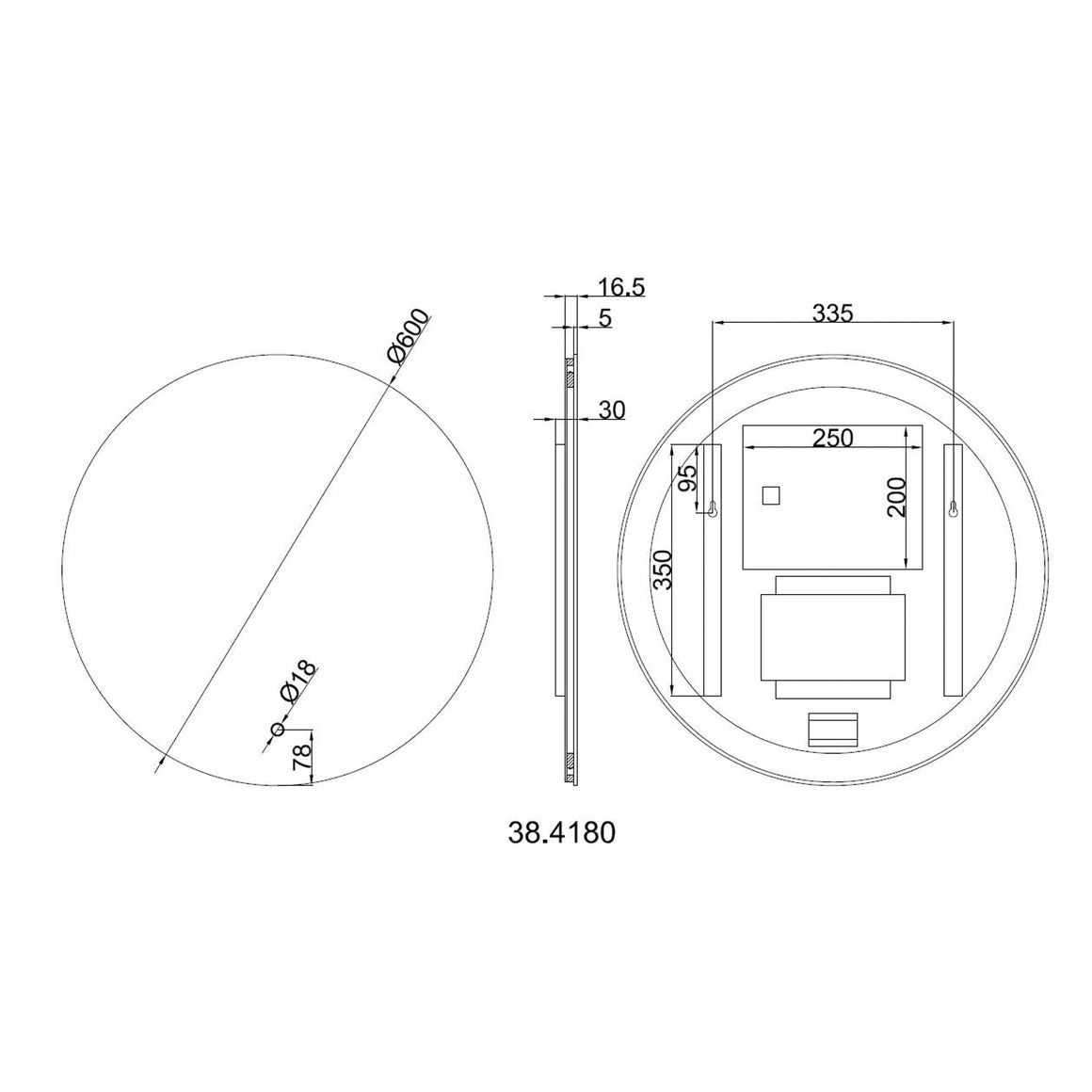 Wiesbaden Soul spiegel rond met LED, dimbaar en spiegelverwarming 60 cm - technische tekening