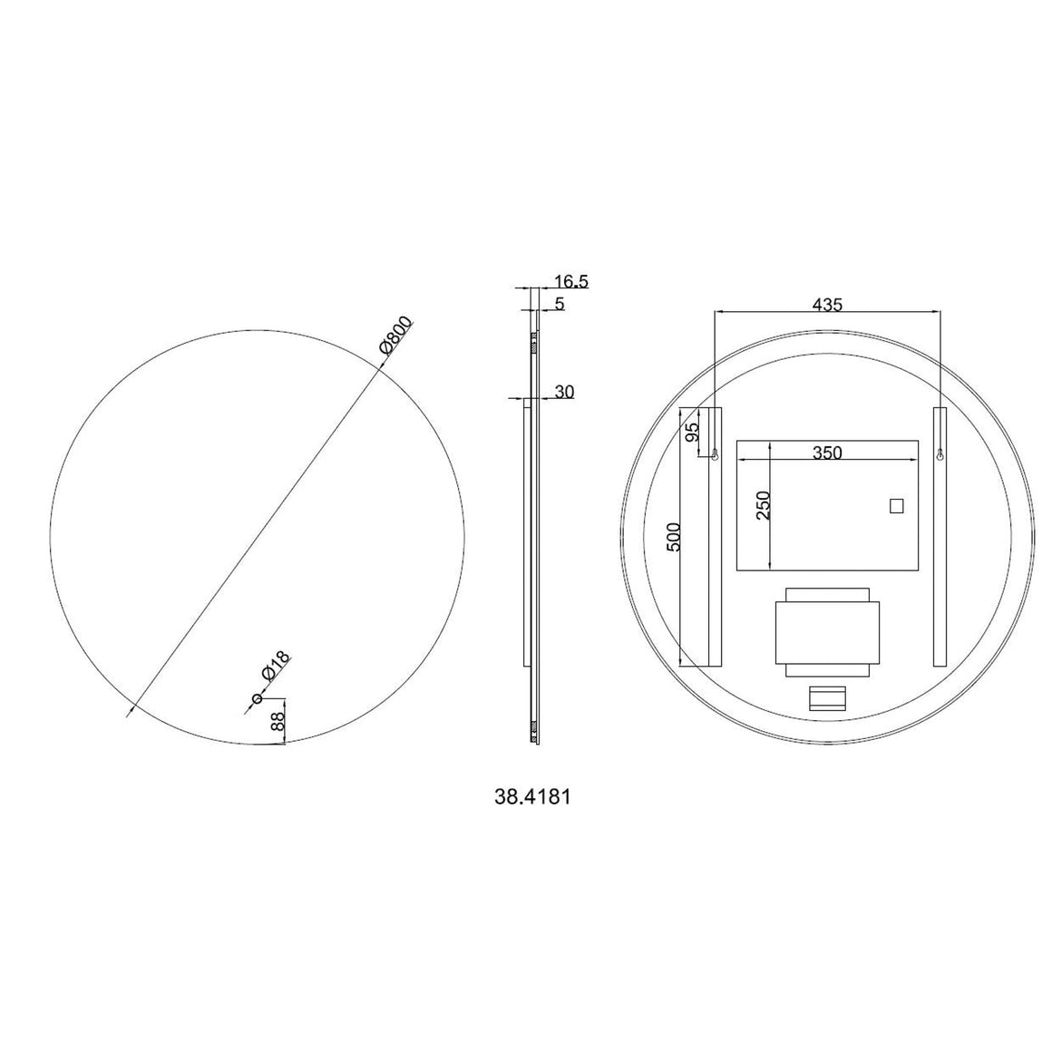 Wiesbaden Soul spiegel rond met LED, dimbaar en spiegelverwarming 80 cm - technische tekening