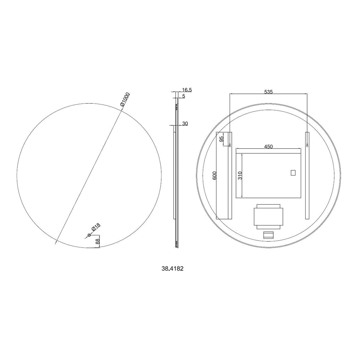 Wiesbaden Soul spiegel rond met LED, dimbaar en spiegelverwarming 100 cm - technische tekening