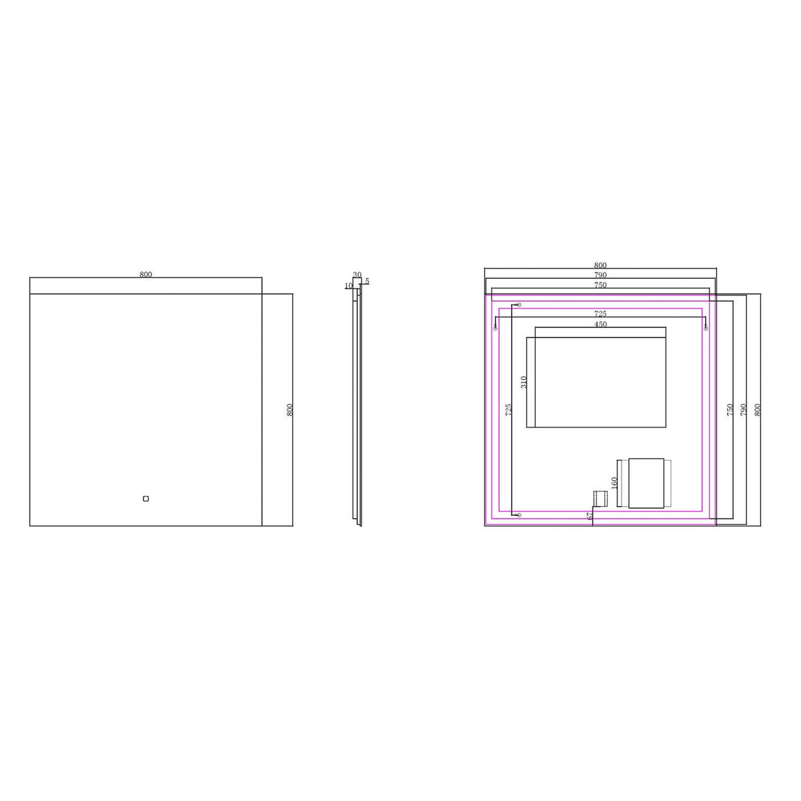 Wiesbaden Soul spiegel vierkant met LED, dimbaar en spiegelverwarming 80 x 80 cm - technische tekening