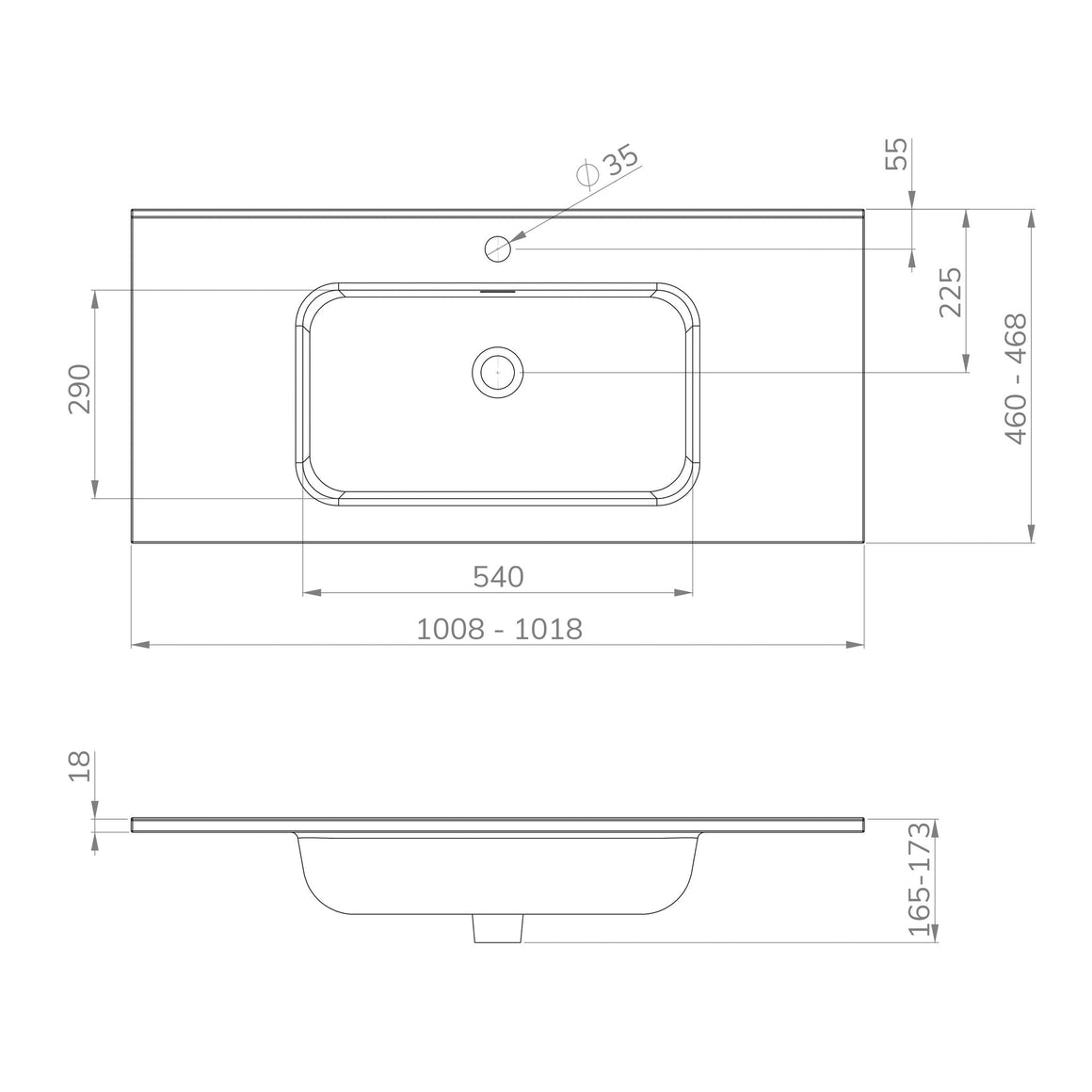 Wiesbaden Bajo wastafel enkel met 1 kraangat 100 cm / Glans wit - technische tekening