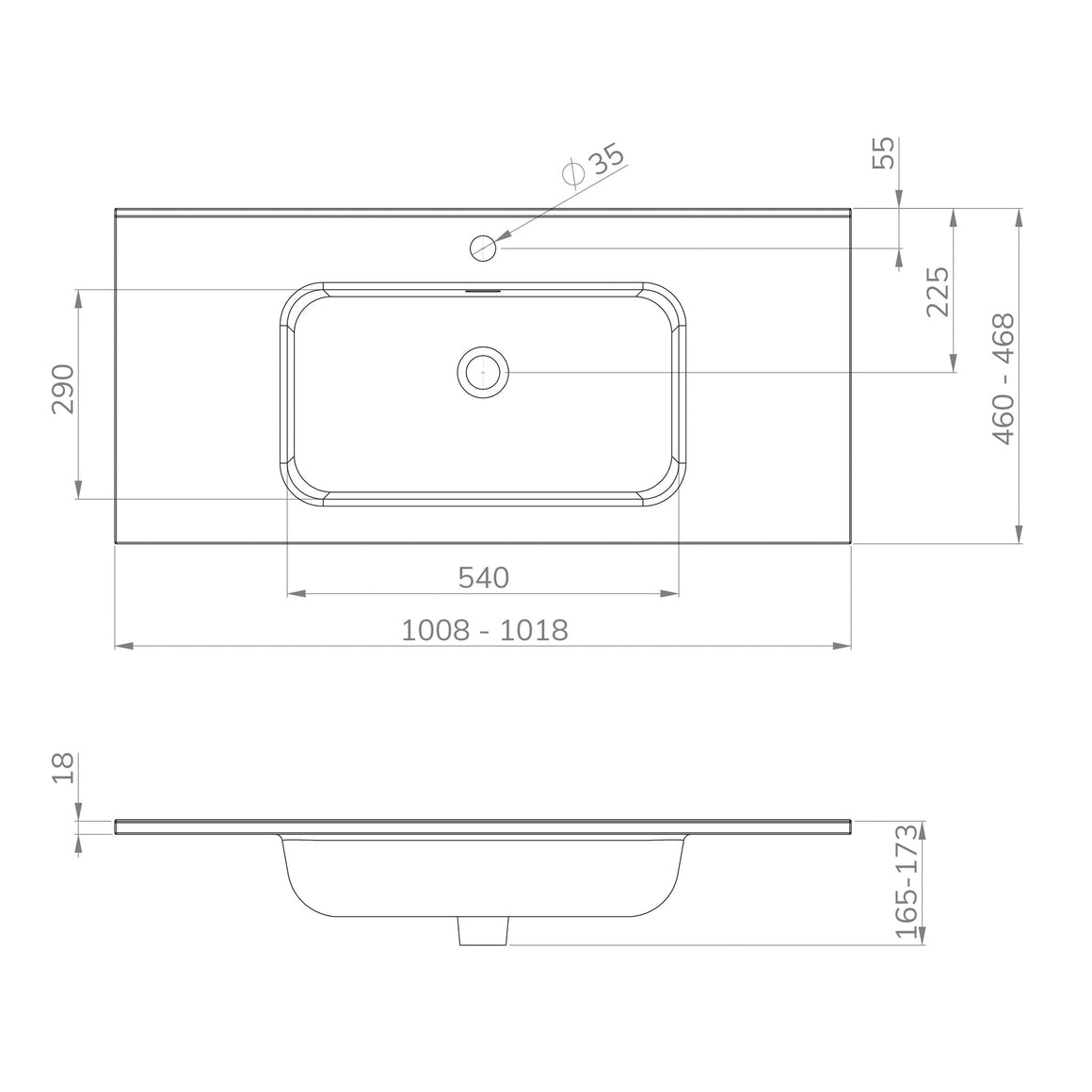 Wiesbaden Bajo wastafel enkel met 1 kraangat 100 cm / Mat wit - technische tekening