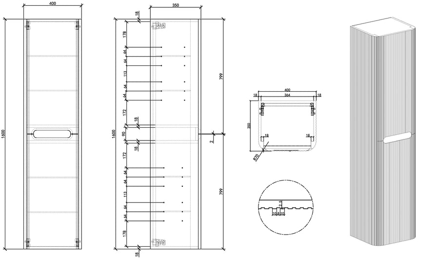 Sulora kolomkast afgeronde hoeken geribbeld 160 x 40 x 35 cm walnoot