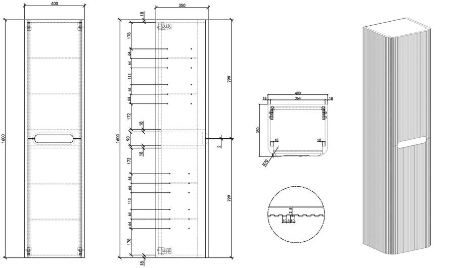 Sulora kolomkast afgeronde hoeken geribbeld 160 x 40 x 35 cm mat zwart