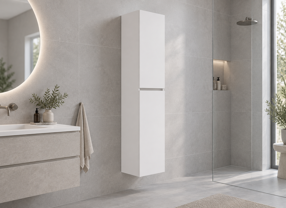 Wiesbaden Alvara kolomkast 160x35x35 cm mat wit 38.3615 - tweede sfeerbeeld naast wastafel en kraan