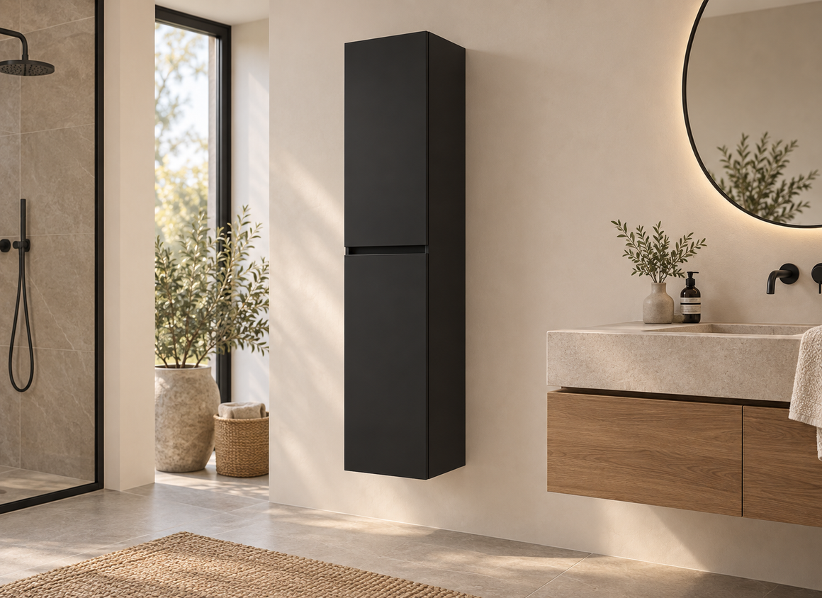 Wiesbaden Alvara kolomkast 160x35x35 cm mat zwart 38.3616 - hero sfeerbeeld naast wastafel en kraan
