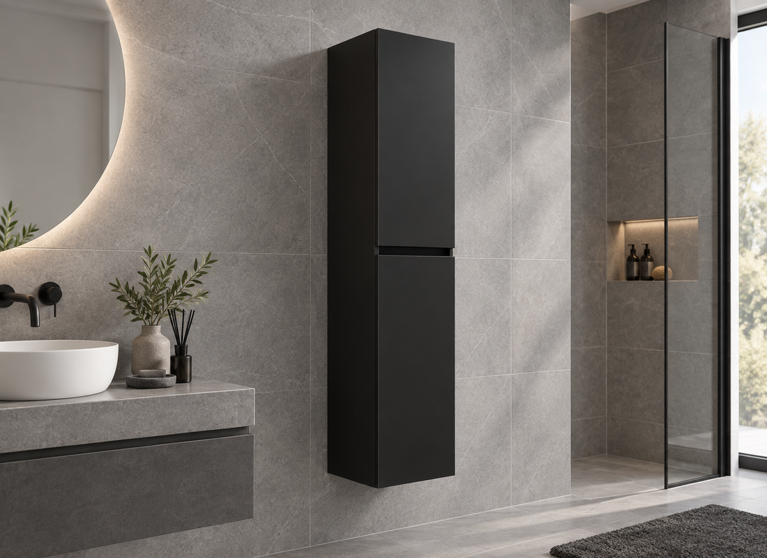 Wiesbaden Alvara kolomkast 160x35x35 cm mat zwart 38.3616 - tweede sfeerbeeld naast wastafel en kraan